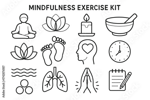 Mindfulness exercise kit with yoga, meditation, and wellness icons in line art style