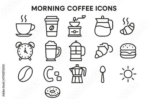 Morning coffee icons: cups, grinder, french press, croissant, alarm, moka pot