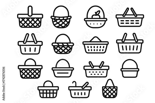 Collection of simple hand-drawn basket icons with apples and handles