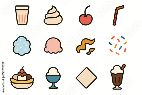 Colorful ice cream and dessert icons with whipped cream and cherry
