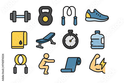 Fitness icons: dumbbell, kettlebell, jump rope, shoes, towel, bench, timer, water bottle, rings, squat, mat, muscle