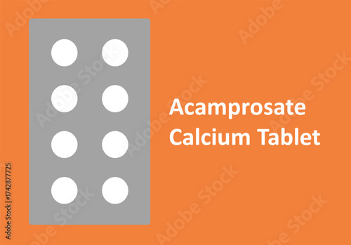 Illustration vector of Acamprosate calcium tablets in a blister pack used for alcohol dependence treatment, shown on an orange background for medical, educational, and pharmaceutical awareness use.