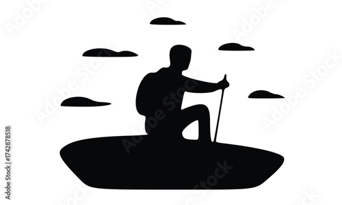 A  vector cartoon illustration shows the silhouette of a man  in a kayak on the water, enjoying a fun summer sport
