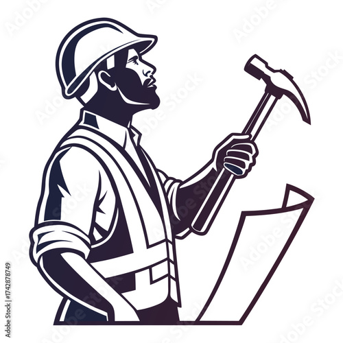 Silhouette of a construction worker with tools vector graphic design