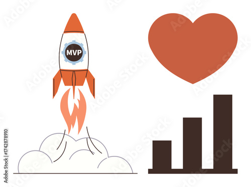 Rocket labeled MVP blasting off with smoke, large heart symbol, and bar graph showing growth. Ideal for innovation, startup progress, product launch, business growth, passion, success strategy