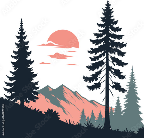 Dark silhouette of coniferous trees and distant mountains at dusk