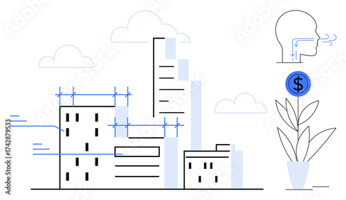 High-rise buildings with blueprints, green plant with dollar coin, human head with airflow concept. Ideal for urban planning, sustainability, green energy, finance, investment, innovation future
