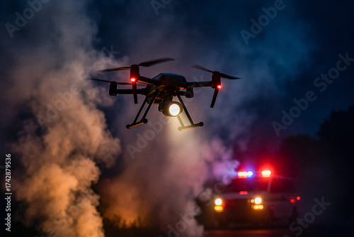 Aerial drone illuminates a crime scene with a police car on site at nighttime
