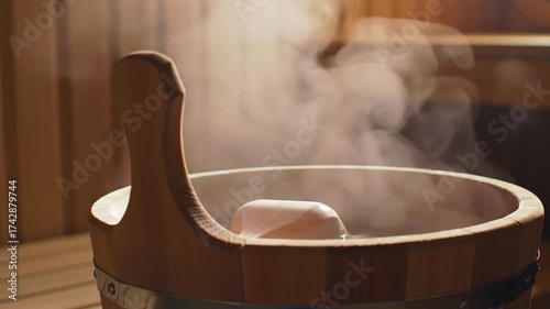 Steam Rising from Wooden Sauna Bucket: Relaxation and Wellness