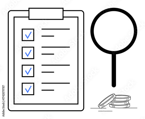 Checklist with marked items alongside a magnifying glass and coins highlighting assessment, research, financial review, auditing, organization, business planning, and data analysis. Clean flat