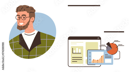 Young professional in focus, accompanied by digital charts, graphs, and analytics on screens. Ideal for business analysis, teamwork, data-driven goals, productivity, collaboration digital tools