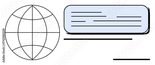 Grid-style globe beside a text block symbolizing communication and information exchange. Ideal for global communication, data sharing, networking, education, international reach, technology, simple