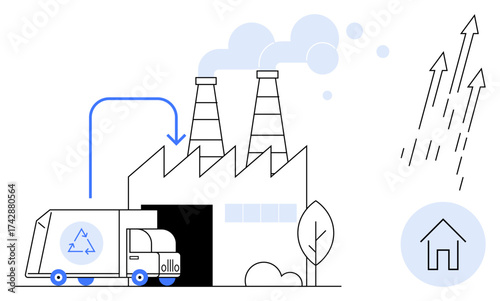 Recycling truck transfers waste into factory for processing, industrial chimneys emitting steam, arrows convey progress and transformation. Ideal for sustainability, recycling, clean energy