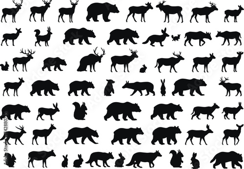 Silhouette animal collection with mammals, woodland creatures, wildlife taxonomy, zoological illustration, environmental design, biodiversity reference, nature art catalog