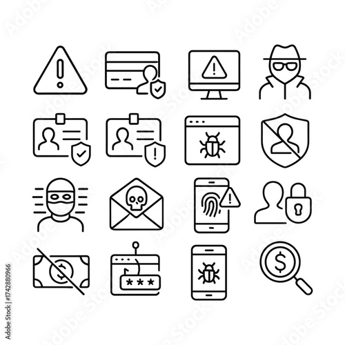 Cybersecurity fraud prevention icons pack. Outline symbols. Line design