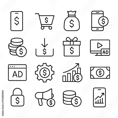 Digital product monetization icons bundle. Outline symbols. Line design