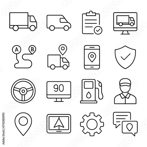 Fleet management vector icons collection. Outline symbols. Line design