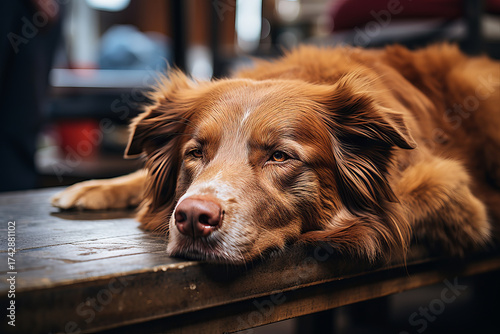 Gorgeous purebred dog taking a well-deserved break and relaxing after a delightful outdoor stroll