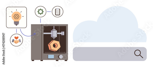 3D printer crafting an object, connected to cloud-enabled workflow. Illustrated design, gears, to-do list, and collaboration. Ideal for technology, manufacturing, design process cloud computing