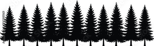 Silhouette conifer tree collection with pine shapes, pointed tops, dense foliage, outdoor forest design, botanical illustration, environmental landscape art