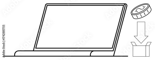 Laptop screen, coin, arrow, and open box represent cryptocurrency transfer, digital payments, online trading, decentralized finance, blockchain systems digital economy. Ideal for fintech crypto