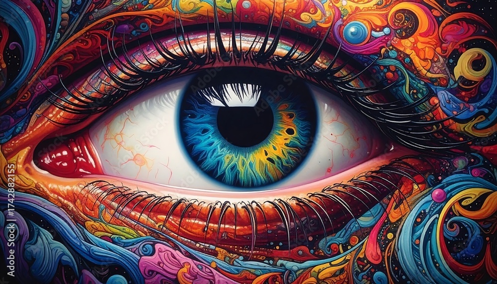Fototapeta premium Psychedelic eye with intricate, colorful patterns radiating outwards