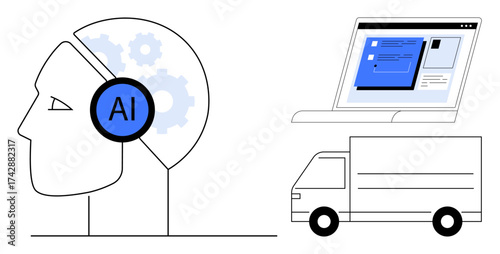 Human head with AI gear, web interface on screen, and delivery truck highlight technology, automation, and logistics. Ideal for AI innovation, tech development, logistics, digital tools automation