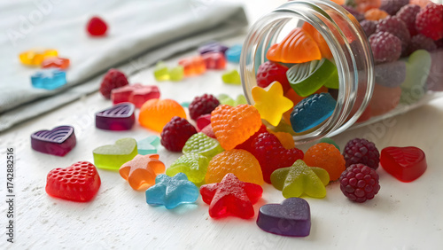 A vibrant assortment of gummy candies spills joyfully across a clean, soft-white surface, creating a playful explosion of color and shape