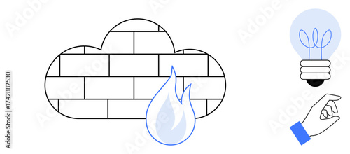 Cloud with brick pattern and flame symbol for security, hand gesture and lightbulb for innovative ideas. Ideal for cybersecurity, cloud safety, innovation, creativity, IT solutions, data security
