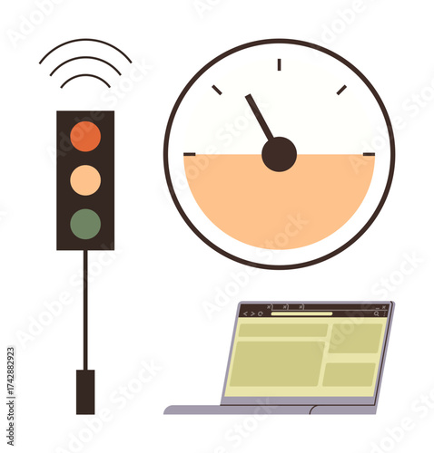 Speedometer with pointer, traffic light with signals, and laptop screen with website interface. Ideal for technology, speed, progress, communication, internet, control efficiency simple flat