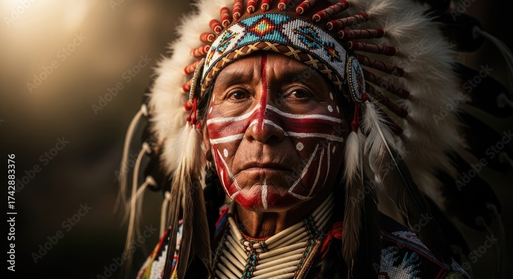 Fototapeta premium Native elder with elaborate feathered headdress and bold ceremonial face paint looking forward with dignity, symbolizing ancient wisdom and rich tribal heritage.