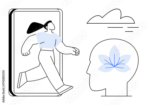 Woman walking out of smartphone, head silhouette with flower icon symbolizing mental well-being, floating cloud. Ideal for mental health, self-discovery, mindfulness, technology, personal growth