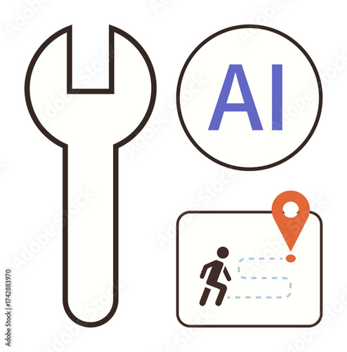 Wrench, AI label, path map with runner and location pin illustrate efficiency, navigation, development. Ideal for technology, tools, artificial intelligence, repair improvement tracking progress