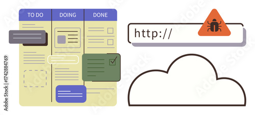 Task board with progress columns, warning sign on URL search bar signaling bugs, and cloud outline. Ideal for project management, teamwork, cloud computing, cybersecurity, productivity, planning