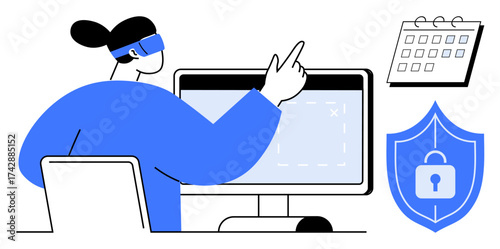 Woman wearing VR headset interacts with computer screen. Calendar and shield emphasize security, organization, and planning. Ideal for technology, productivity, data protection, innovation