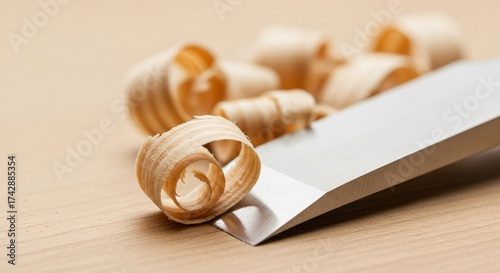 Woodworking and Fine Carpentry Craftsmanship, Sharp Wood Chisel with Curled Wood Shavings, Precision Hand Tool for Carpentry and Joinery