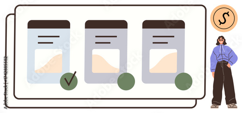 Three comparative plan cards with checkmarks and pricing symbol, accompanied by a person icon. Ideal for pricing analysis, feature comparison, subscription service, customer choice, decision-making