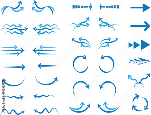 Blue Arrow Icons Set – Curved, Wavy, Circular and Directional Arrows - Wind / Direction Arrow Set with transparent background for Architecture/ design sheets	

