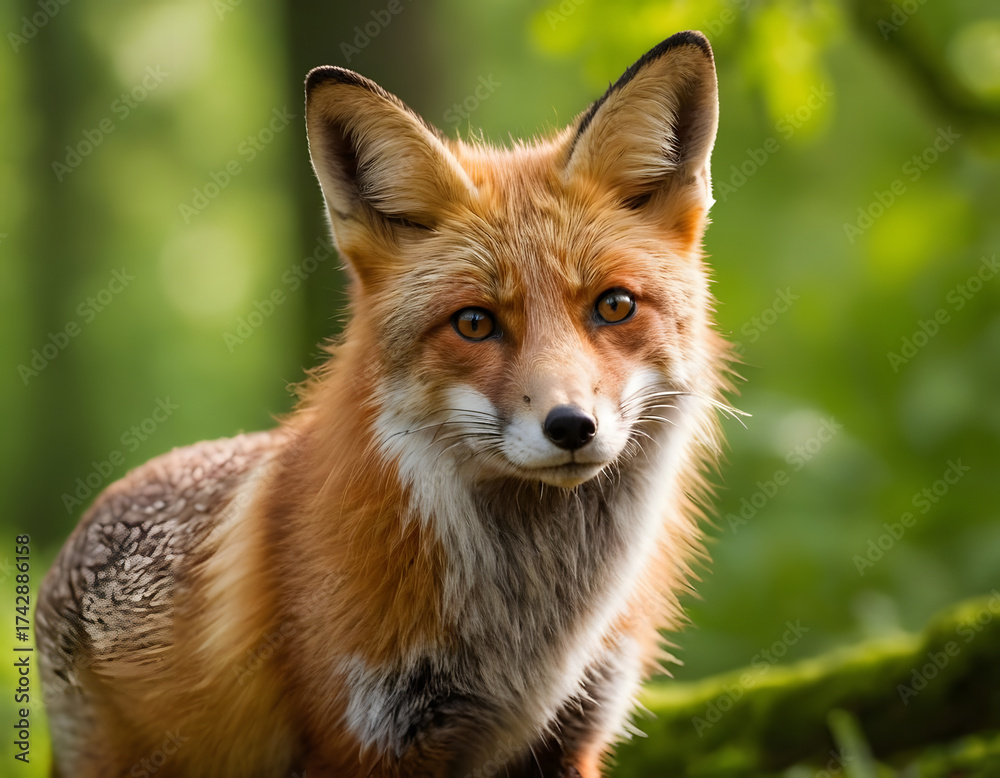 Fototapeta premium red fox in the wild, Red fox in summer forest, fox background