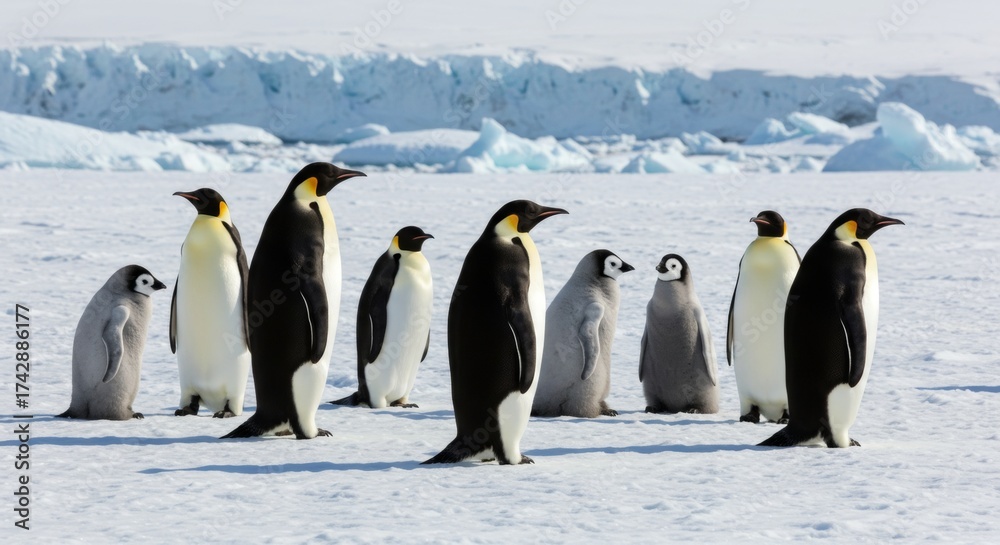 Obraz premium A group of Emperor penguins standing on a snow-covered ground under a clear blue sky