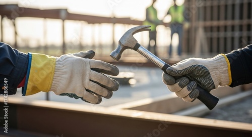 Construction Workers Collaborating and Passing a Hammer, Teamwork and Partnership on a Building Site, A Symbol of Teamwork in Industry