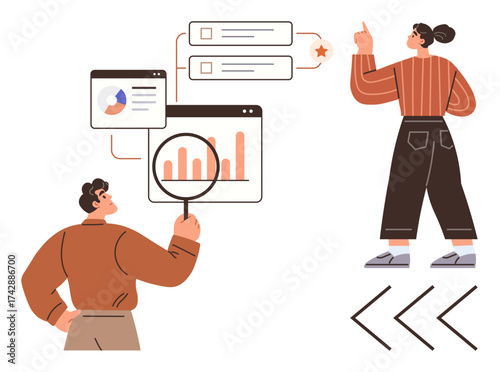 Man examines charts with magnifying glass while woman gestures toward dialogue boxes, enhancing teamwork. Ideal for data analysis, collaboration, feedback, decision-making, communication, education