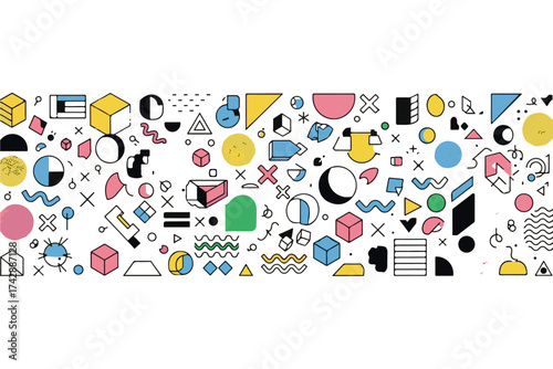 Abstract pattern with colorful geometric shapes and doodles on a transparent background
