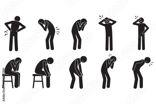 Collection of stick figure icons depicting pain and distress, isolated on transparent background