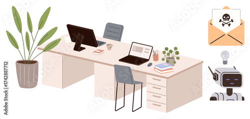 Modern office desk with computers, plants, documents, and a malicious email alert. Includes symbolic robot and light bulb. Ideal for cybersecurity, AI, data safety, technology innovation workspace