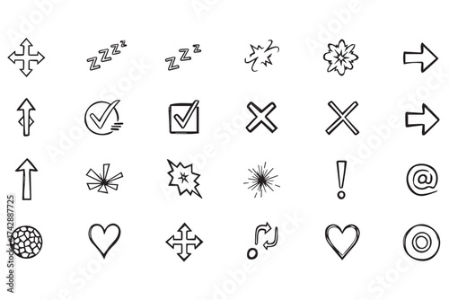 A collection of handdrawn icons and symbols isolated on a transparent background, featuring various common graphical elements for user interfaces and design