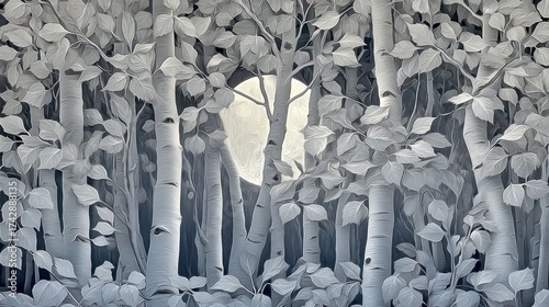 Fototapeta Naklejka Na Ścianę i Meble -  Moonlit forest scene trees and foliage silhouette against a glowing orb