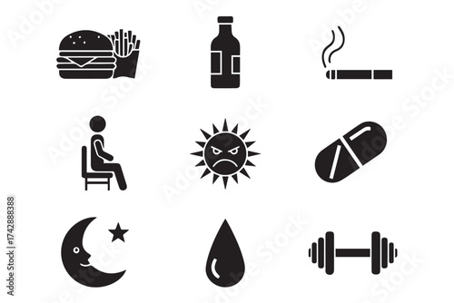 A collection of nine black icons representing unhealthy habits and lifestyle choices, including food, drink, smoking, and sedentary behavior isolated on transparent background