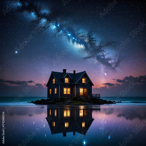 Solitary house under milky way starry sky