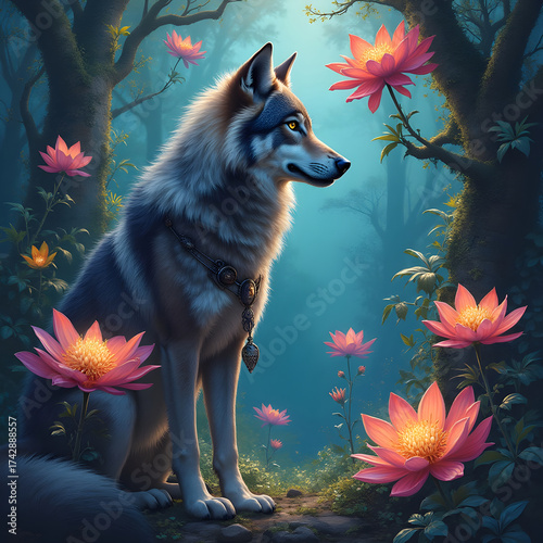 Wolf in mystical forest with vibrant lotus blooms